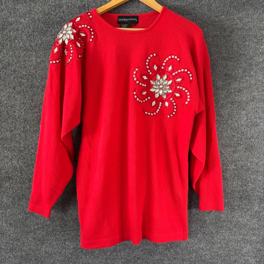 SPREE INTERNATIONAL Womens Red Embellished Lambswool Angora Sweater Size Large